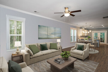 Spacious Big Living Room Of Luxurious Estate With Wooden Elements. Modern Mansion Interior With A New Stylish Furniture Design Concept For Residential Home. 3D illustration. Florida, USA