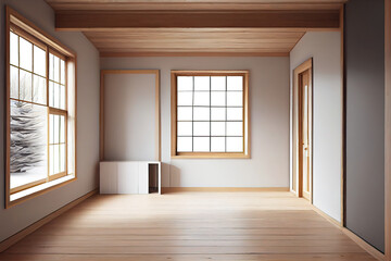 Fototapeta premium Muji style, Empty wooden room, Cleaning japandi room interior, big blank space. Generative Ai