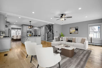 Fototapete Skandinavisch Spacious Big Living Room Of Luxurious Estate With Wooden Elements. Modern Mansion Interior With A New Stylish Furniture Design Concept For Residential Home. 3D illustration. Florida, USA  © 52 Photo