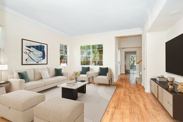 Spacious Big Living Room Of Luxurious Estate With Wooden Elements. Modern Mansion Interior With A...