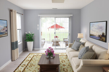 Spacious Big Living Room Of Luxurious Estate With Wooden Elements. Modern Mansion Interior With A New Stylish Furniture Design Concept For Residential Home. 3D illustration. Florida, USA