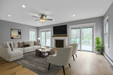 Spacious Big Living Room Of Luxurious Estate With Wooden Elements. Modern Mansion Interior With A New Stylish Furniture Design Concept For Residential Home. 3D illustration. Florida, USA