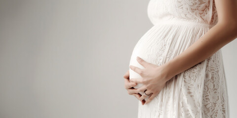 Pregnant woman touching her belly. close up on white background.  Generative AI