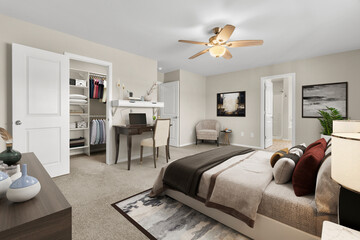 Luxurious king-size bed with modern furniture in a bright bedroom. Template for expensive bedroom. Concept for interior design, architecture, and lifestyle. 3D illustration. California, USA - 2023