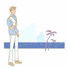 猫と海を散歩する男性