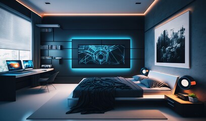 Naklejka premium a bed room with a neatly made bed and a desk. generative ai