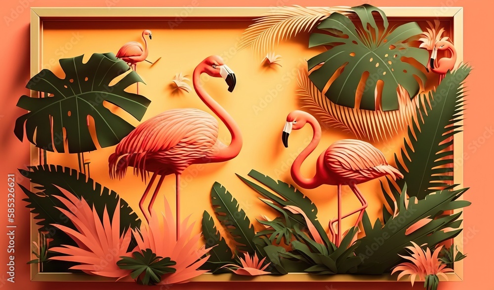 Poster a group of flamingos in a tropical setting with palm leaves. generative ai