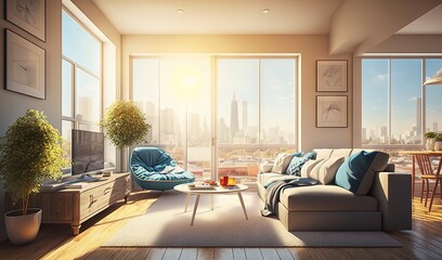  a living room filled with furniture and a large window overlooking a city.  generative ai