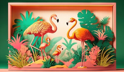  a paper cut of two flamingos in a tropical setting.  generative ai