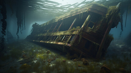 Sunken rusty ship on water bed generative ai