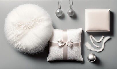  a white pillow, a white fur ball, and a white gift box.  generative ai