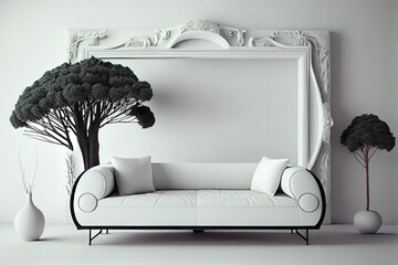 The living area has a couch with a fake frame and adorned trees against a backdrop of white walls. Generative Ai