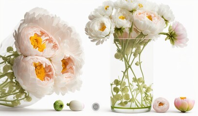  a vase filled with white flowers next to a vase filled with pink and white flowers.  generative ai