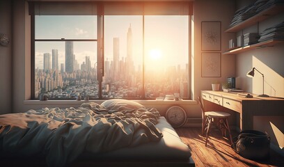  a bedroom with a view of the city outside the window.  generative ai