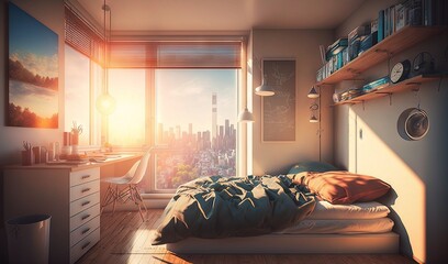  a bedroom with a bed, desk, and window overlooking a city.  generative ai