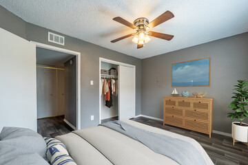 Luxurious Bright Bedroom With Comfortable King Size Bed and Modern Furniture. Template For Expensive Bedroom. Concept For Interior, Architecture and Lifestyle. 3D illustration. Florida, USA - 2023