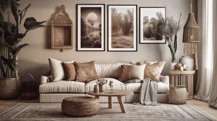 Living room with natural wooden furniture and a farmhouse-style interior background. Generative AI