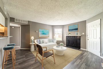 Spacious Big Living Room Of Luxurious Estate With Wooden Elements. Modern Mansion Interior With A New Stylish Furniture Design Concept For Residential Home. 3D illustration. Florida, USA