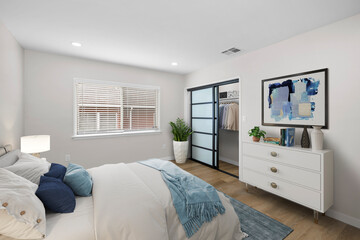 Luxurious Bright Bedroom With Comfortable King Size Bed and Modern Furniture. Template For Expensive Bedroom. Concept For Interior, Architecture and Lifestyle. 3D illustration. Florida, USA - 2023