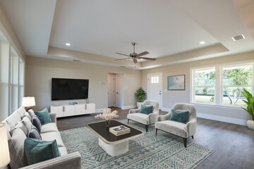 Spacious Big Living Room Of Luxurious Estate With Wooden Elements. Modern Mansion Interior With A New Stylish Furniture Design Concept For Residential Home. 3D illustration. Florida, USA