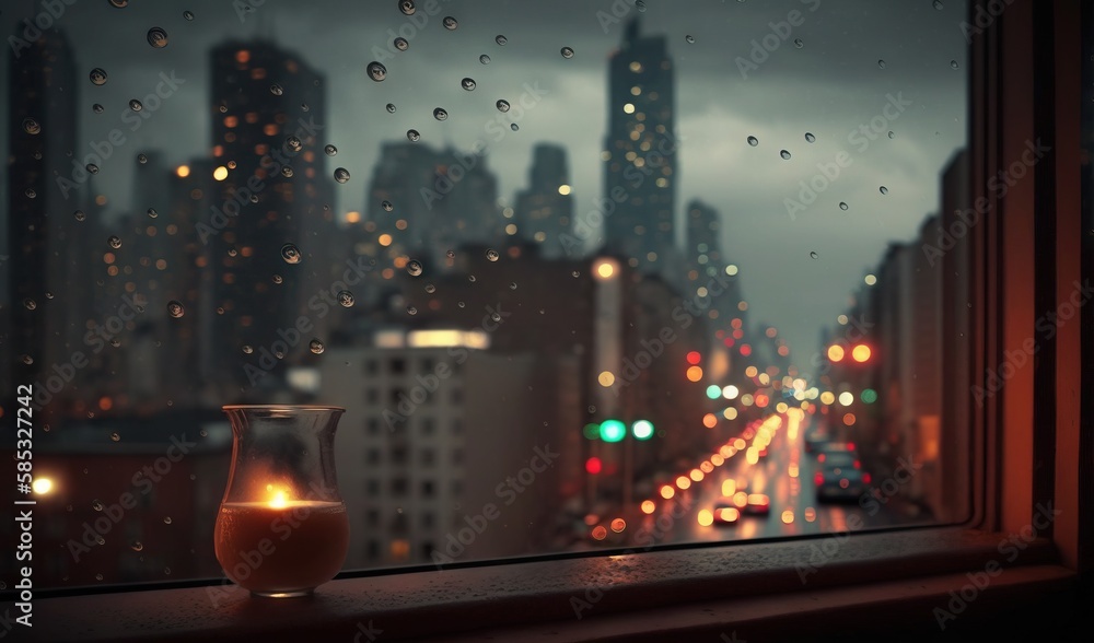 Poster a window with a view of a city at night with raindrops. generative ai