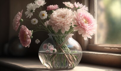  a vase filled with pink flowers sitting on a window sill.  generative ai