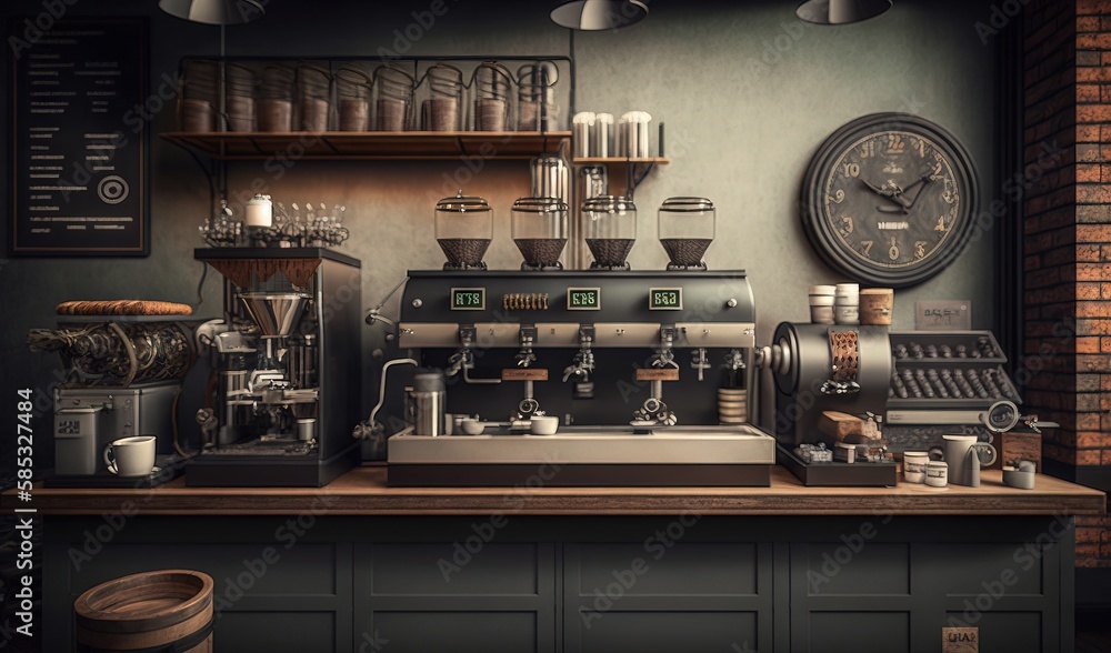 Poster a coffee machine sitting on top of a counter next to a clock. generative ai