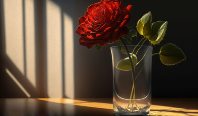  a single red rose in a glass vase on a table.  generative ai