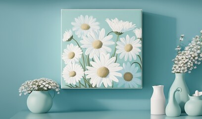  a painting of daisies on a blue wall next to vases.  generative ai