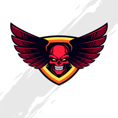 Winged Red Skull with Golden Shield Insignia Mascot Logo