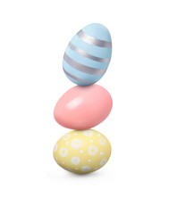 Stack of Easter eggs on white background