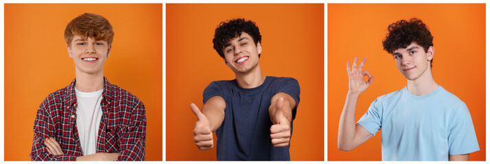Portraits of teenagers on orange background, collage design