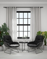White wall with window and sofa. 3d rendering of interior living room background.