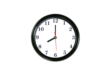 円形の黒枠に透過の文字盤で黒い数字の時計。針が8時を示している時計。透過背景。