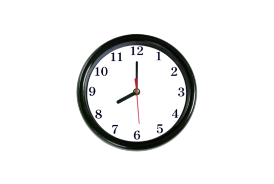 円形の黒枠に透過の文字盤で黒い数字の時計。針が8時を示している時計。透過背景。