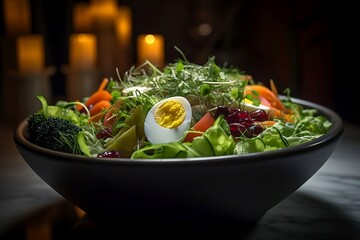 Closeup of Delicious Vegetable Salad at Restaurant Table on blur background