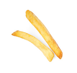 Delicious fresh french fries on white background, top view