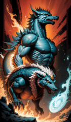 Fototapeta premium Photo of a dramatic battle between a fiery dragon and a menacing demon