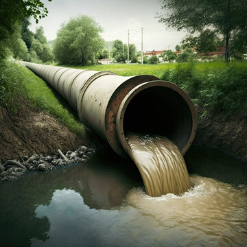 sewage pipe from city to clean water river illustration