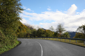 Picturesque view of empty road near trees in mountains