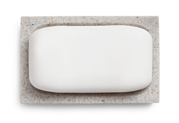 Holder with soap bar on white background, top view