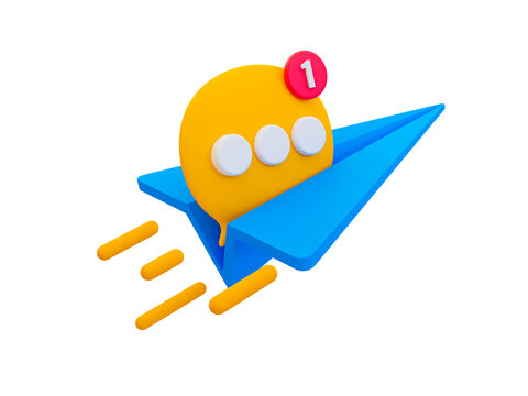 3d minimal online message sending. Online chatting icon. quick and fast online communication. Paper rocket with a chat icon. 3d illustration.