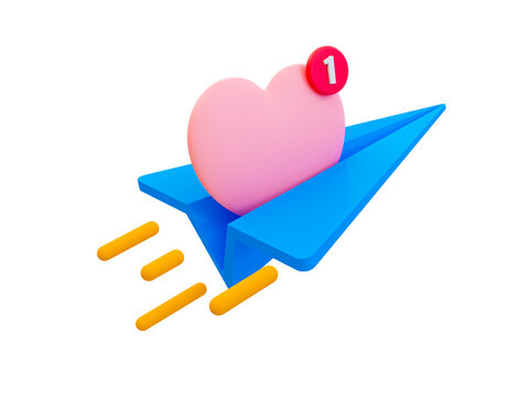 3d Minimal Heart Sending. Online Dating Concept. Quick And Fast Online Romantic Communication. Paper Rocket With A Love Icon. 3d Illustration.