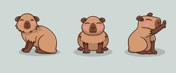 collection of illustrations of cute capybara animals in cartoon style 
