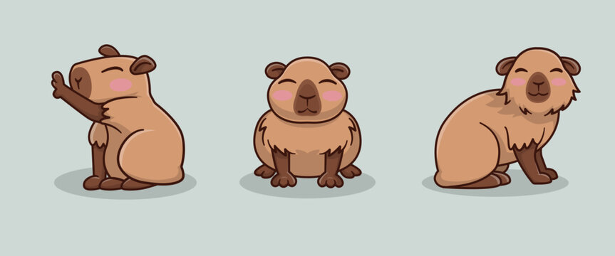 collection of illustrations of cute capybara animals in cartoon style 