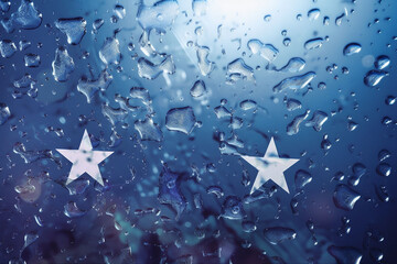 Wet background. Water drops on a blue background, five-pointed white stars.  Generative AI. 