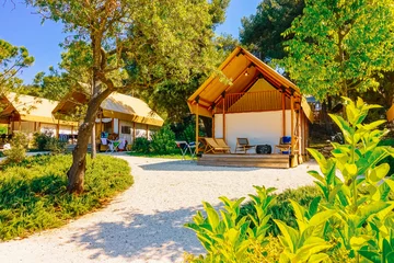 Gorgeous view of canvas glamping bell tents in a green wood on a sunny day. Croatia, Europe. © Leonid Tit