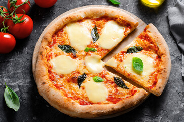 Italian Pizza Margherita with Mozzarella Cheese and Basil Leaves on Dark Background, Freshly Baked Pizza