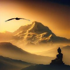 A Himalayan Gryffin flying high over a peaceful Buddha statue amidst the snow-capped peaks of the Himalayas immersed in the golden hues of sunset. AI Generative Image