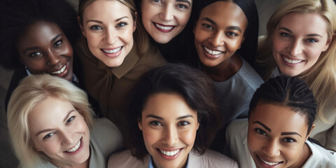 View of group of smiling multiethnic businesswomen. top view. Generative AI